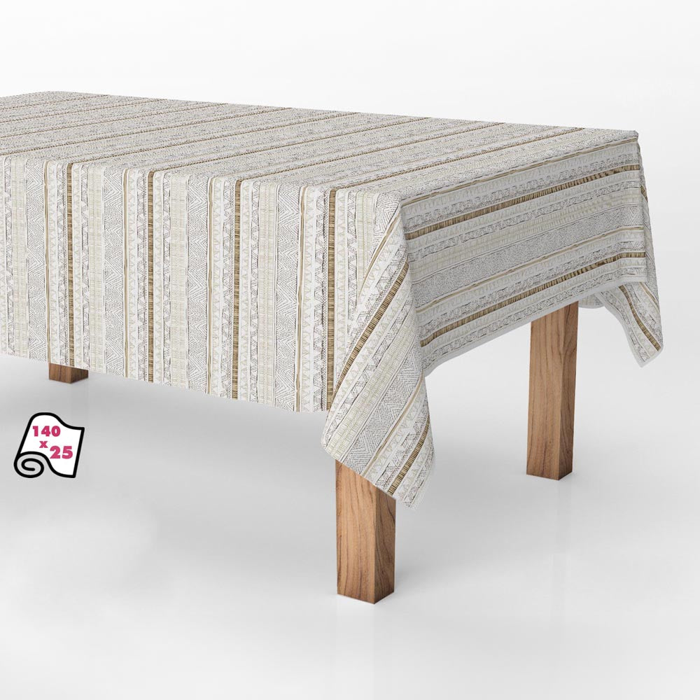 Rolo de toalha de mesa anti-nÃ³doas desenhos riscas bege 140cm x 25m exma_0