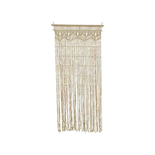 Cortina de macramÃ© bege com barra de madeira clara, para porta, 90 x 200 cm_0