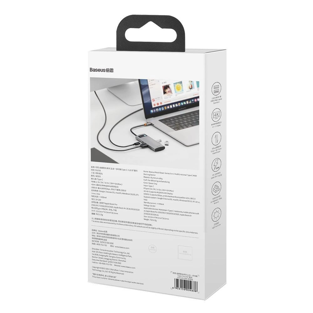 Baseus Metal Gleam Series 5-in-1 Multifunctional HUB USB Type C - USB Type C Power Delivery 100 W / HDMI 4K 30 Hz / 3x USB 3.2 Gen 1 (CAHUB-CX0G)_10