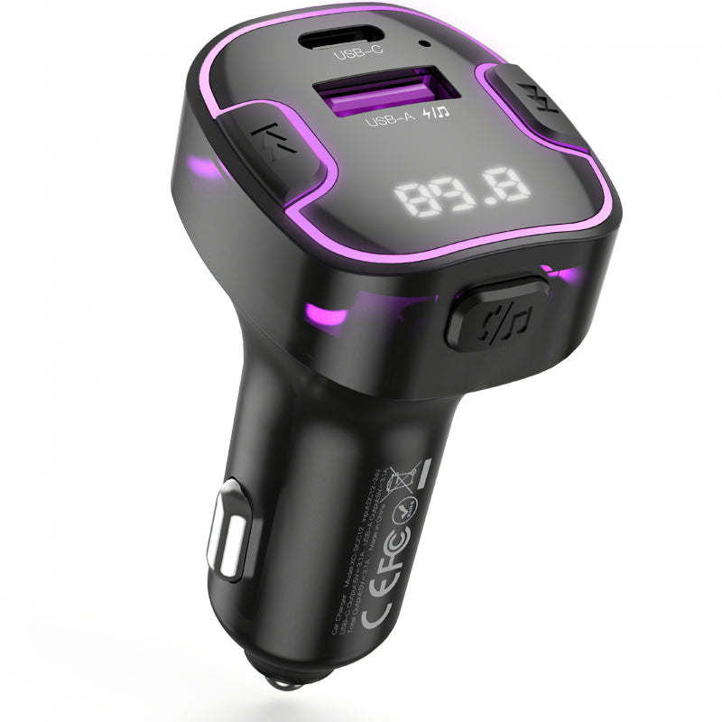 Adaptador Bluetooth FM XO Design BCC12 com Carregador USB A e USB C Preto