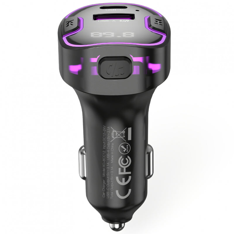 Adaptador Bluetooth FM XO Design BCC12 com Carregador USB A e USB C Preto
