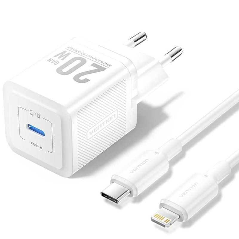 Carregador de Parede Vention Fast Charging Gan 20W / 1xUSB Tipo-C / Incluído Cabo USB-C para Lightning / Branco