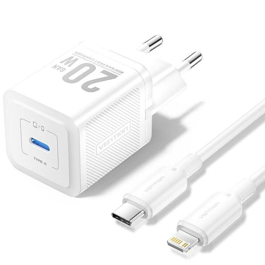 Carregador de Parede Vention Fast Charging Gan 20W / 1xUSB Tipo-C / Incluído Cabo USB-C para Lightning / Branco