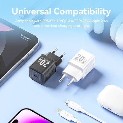 Carregador de Parede Vention Fast Charging Gan 20W / 1xUSB Tipo-C / Incluído Cabo USB-C para Lightning / Branco