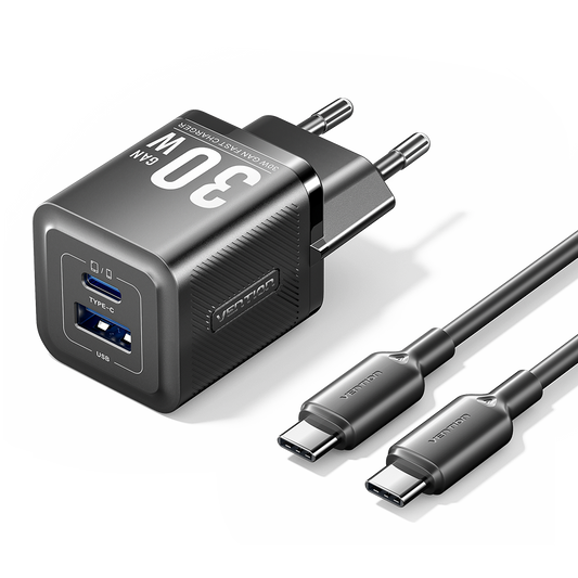 Carregador de Parede Vention 30W / 1xUSB Tipo-C + 1xUSB / com Cabo USB Tipo-C incluído
