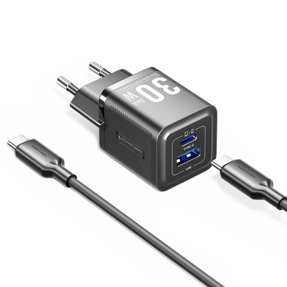 Carregador de Parede Vention 30W / 1xUSB Tipo-C + 1xUSB / com Cabo USB Tipo-C incluído