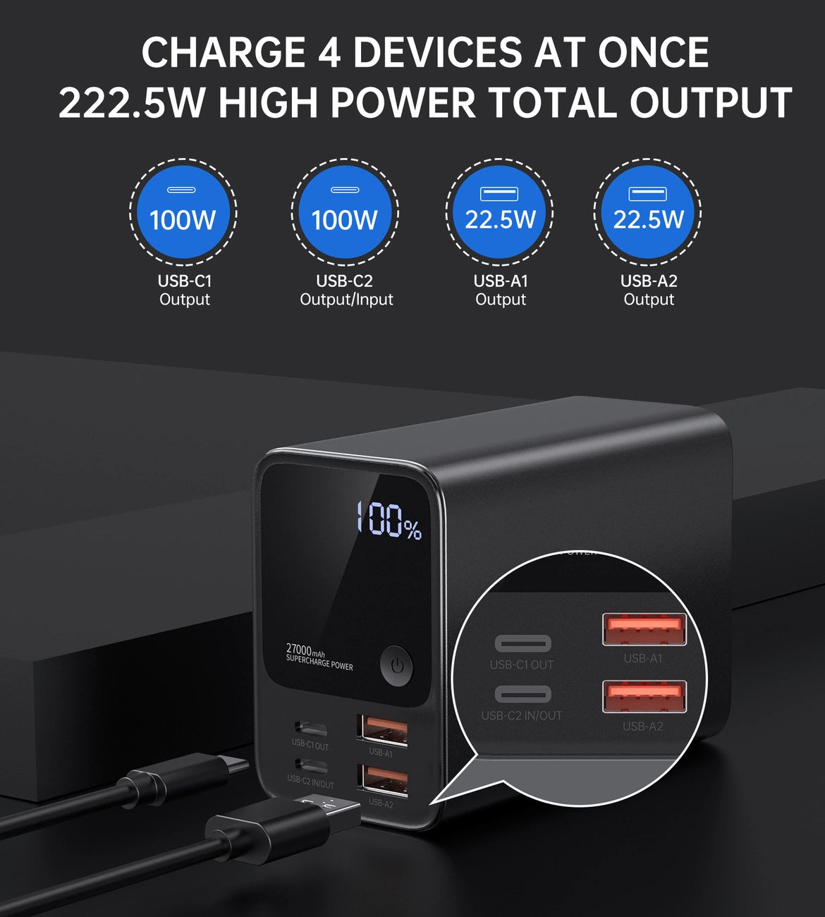 Powerbank Choetech B635BK USB-A / USB-C / 22.5W / 27000mAh / Preto