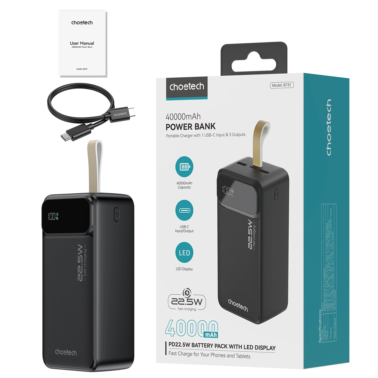 Powerbank Choetech PD22.5W / Dual USB-A+Type-C / 40000mAh / Preto