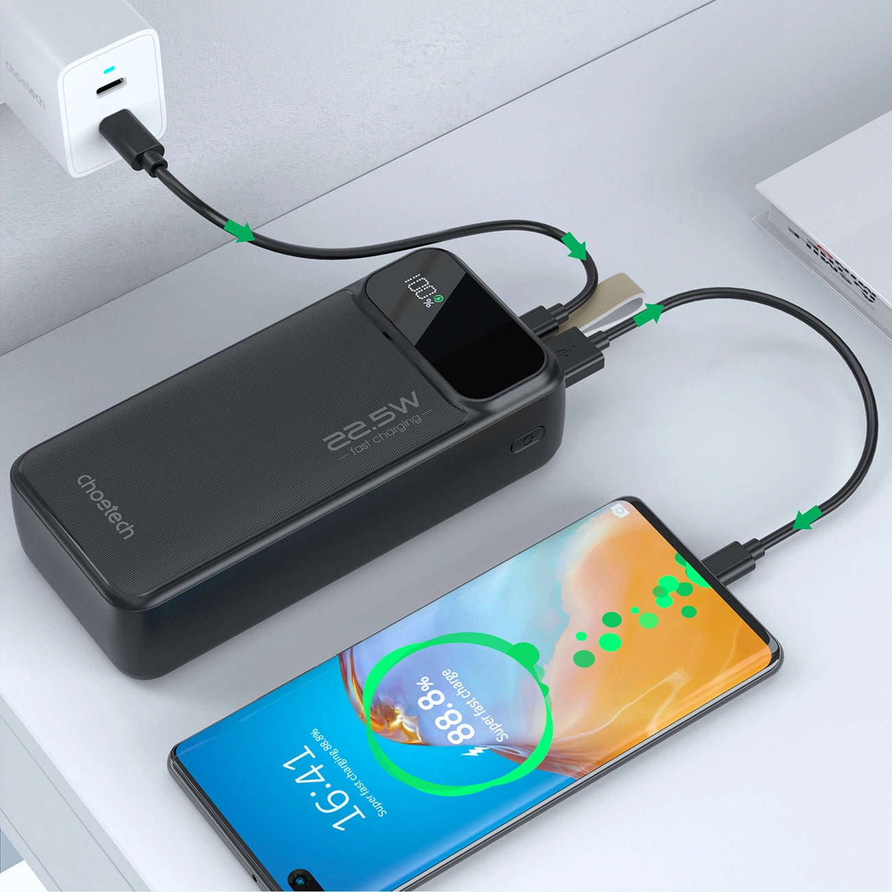 Powerbank Choetech PD22.5W / Dual USB-A+Type-C / 40000mAh / Preto