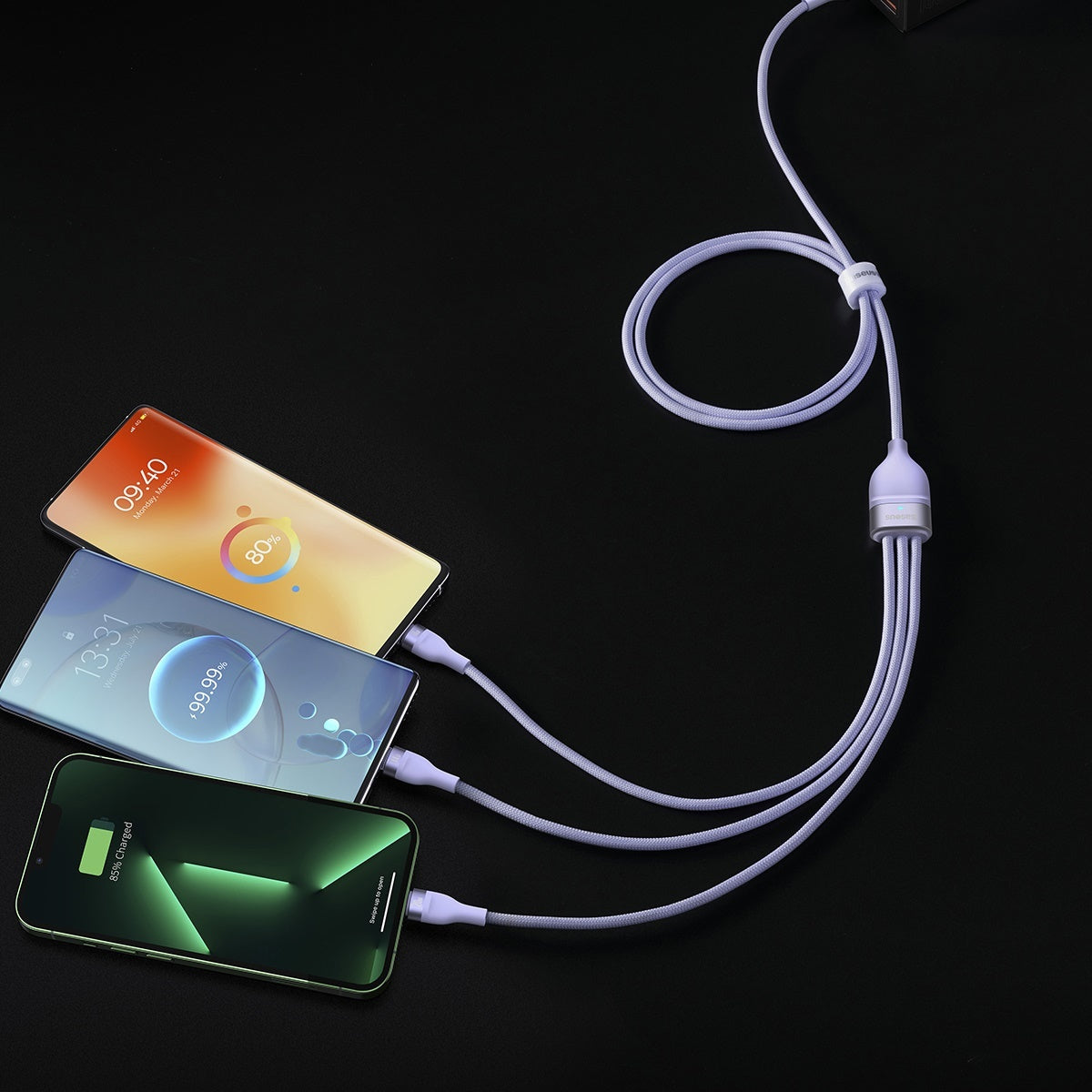 Cabo 3 em 1 Baseus Flash Series 2 USB-C + micro USB + Lightning, 100W, 1.2m (Roxo)