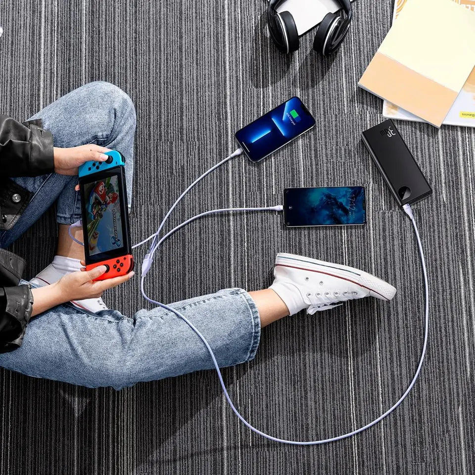 Cabo 3-em-1 Baseus Flash Series 2 USB-C + Micro USB + Lightning, 100W, 1.5m (Roxo)