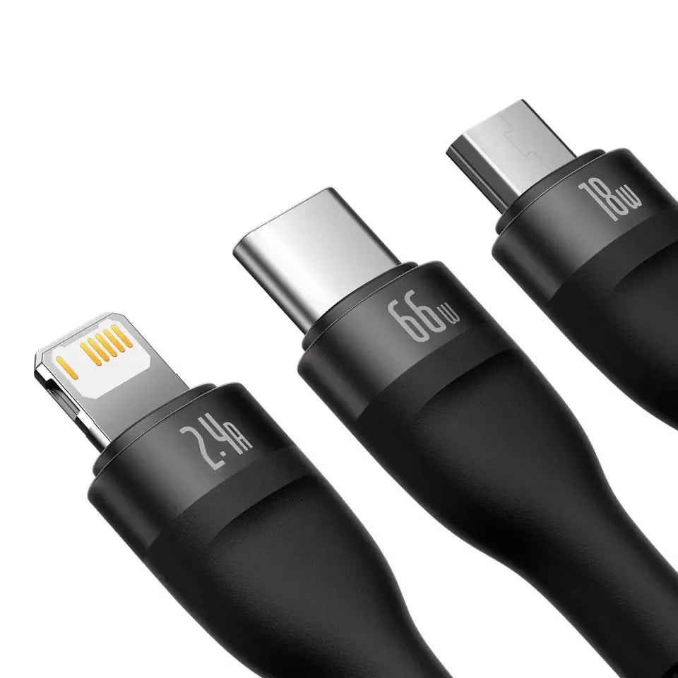 Cabo 3 em 1 Baseus Flash II USB-C + micro USB + Lightning, 66W, 1.2m (Preto)
