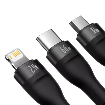 Cabo 3 em 1 Baseus Flash II USB-C + micro USB + Lightning, 66W, 1.2m (Preto)