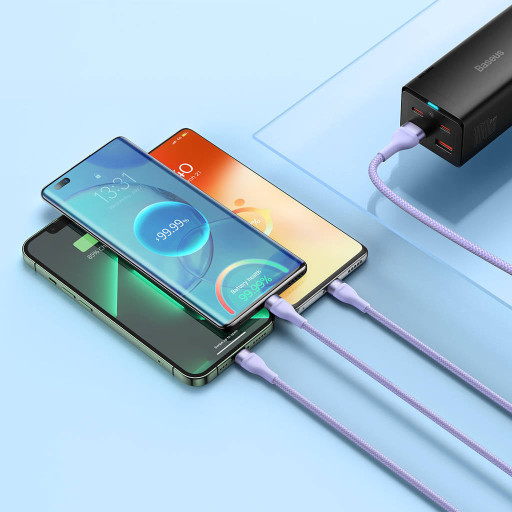 Cabo 3-em-1 Baseus Flash II USB para USB-C + Micro USB + Lightning / 66W / 1.2m / Roxo