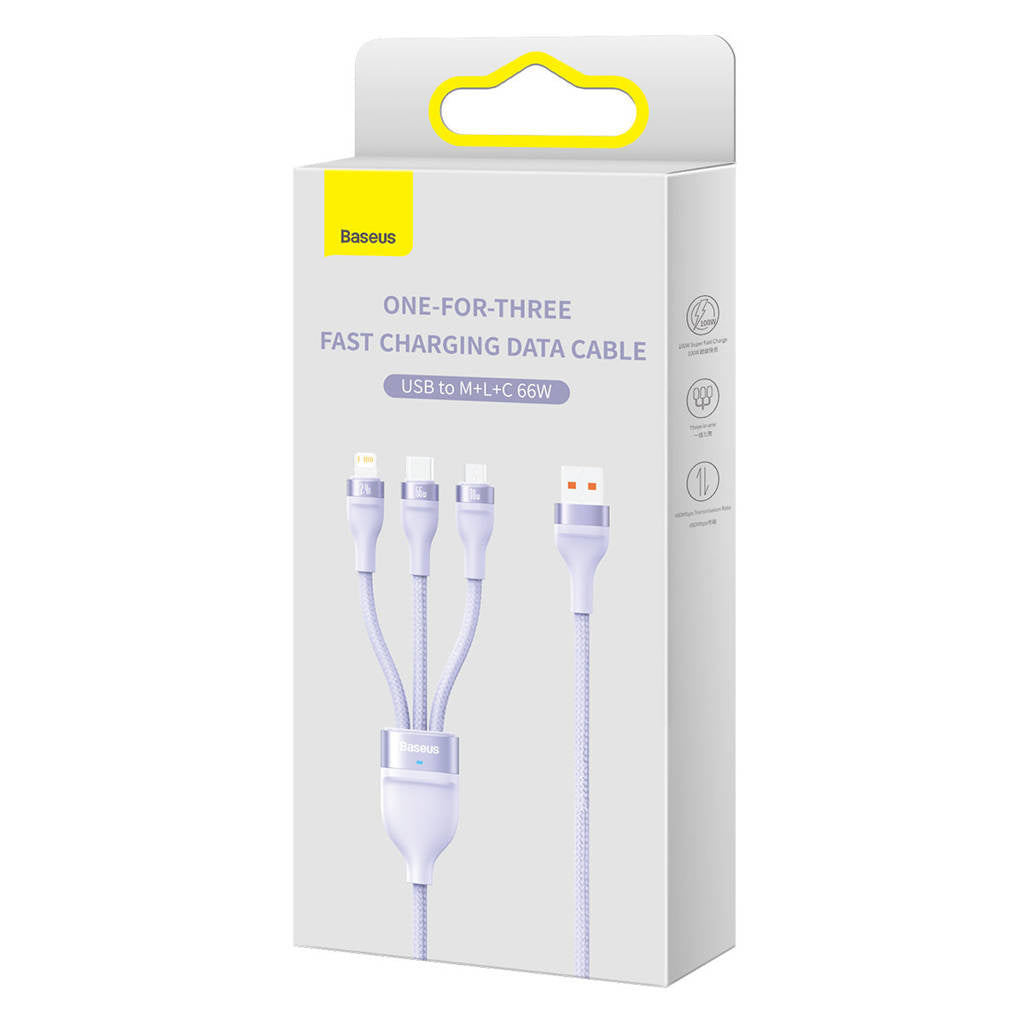 Cabo 3-em-1 Baseus Flash II USB para USB-C + Micro USB + Lightning / 66W / 1.2m / Roxo