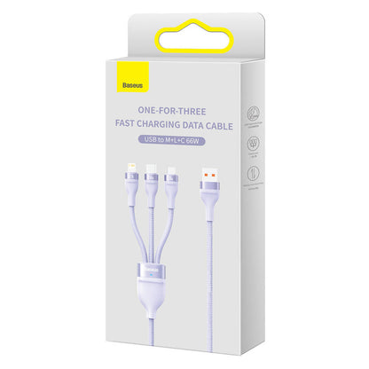 Cabo 3-em-1 Baseus Flash II USB para USB-C + Micro USB + Lightning / 66W / 1.2m / Roxo
