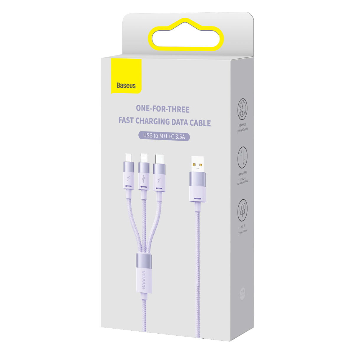 Cabo 3 em 1 Baseus StarSpeed Series, USB-C + Micro USB + Lightning 3,5A, 1.2m (Roxo)