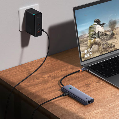 Hub USB-C Baseus UltraJoy 6 em 1 HDMI 4K RJ45 100W Cinza