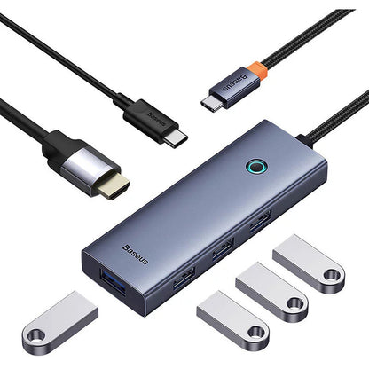 Hub USB-C Baseus UltraJoy 6 em 1 HDMI 4K 60Hz 4x USB 3.0 PD 100W Cinzento