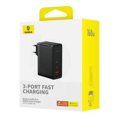Carregador Baseus GaN5 Pro 160W / 2x USB-C 1x USB-A / Preto / cabo USB-C para USB-C 240W incluído