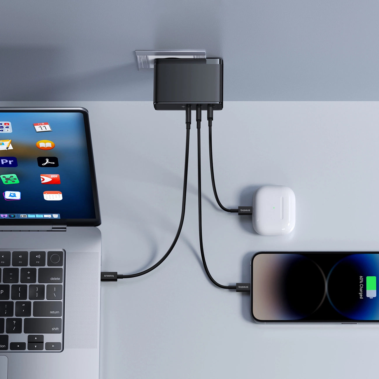 Carregador Baseus GaN5 Pro 160W / 2x USB-C 1x USB-A / Preto / cabo USB-C para USB-C 240W incluído