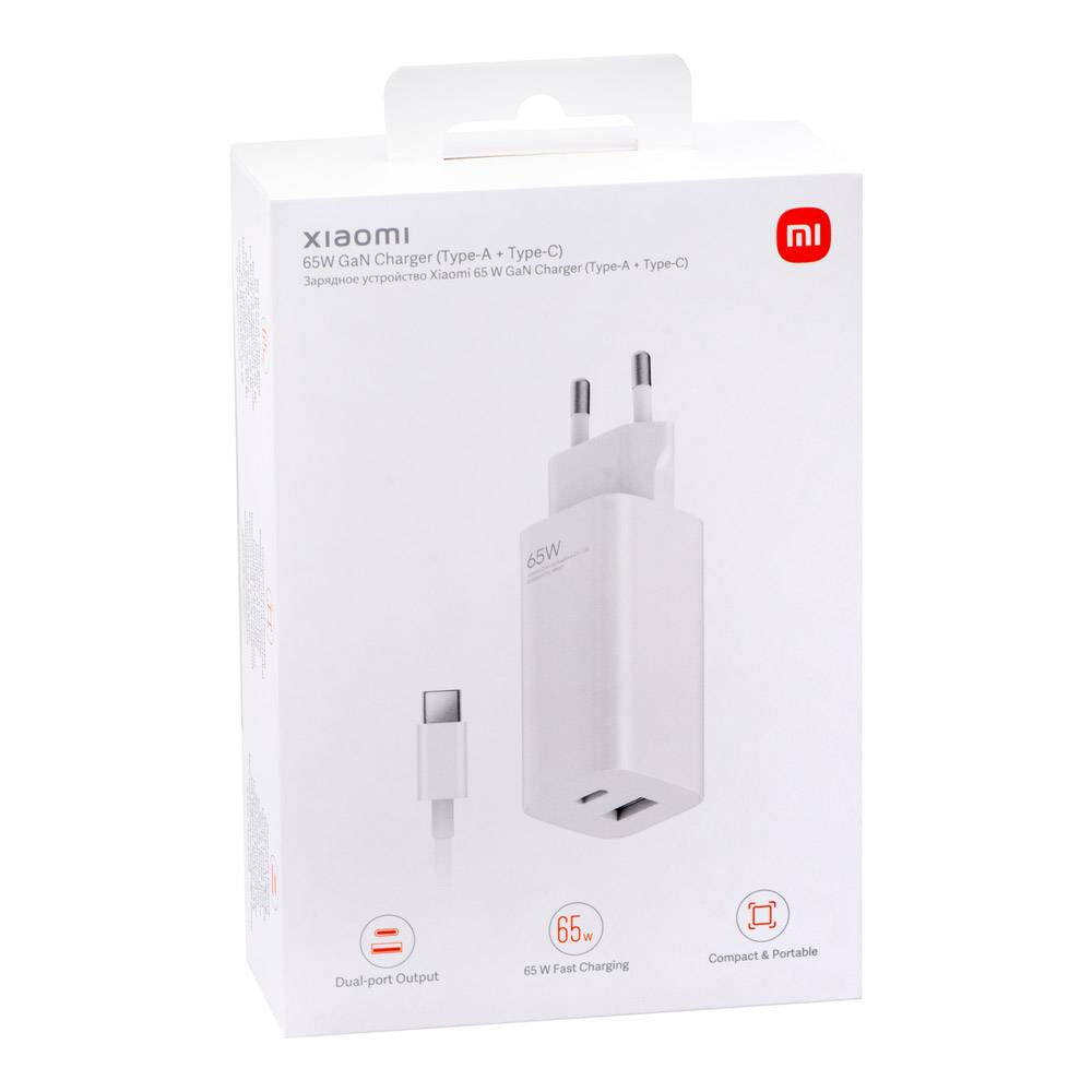 Carregador Xiaomi Mi Fast Charger 65W GaN USB Type-A + Type-C Branco