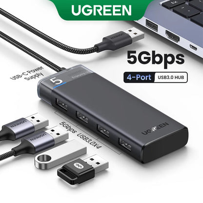 Hub Ugreen CM653 com 4 Portas USB-A e Cabo de Alimentação USB-A (Preto)