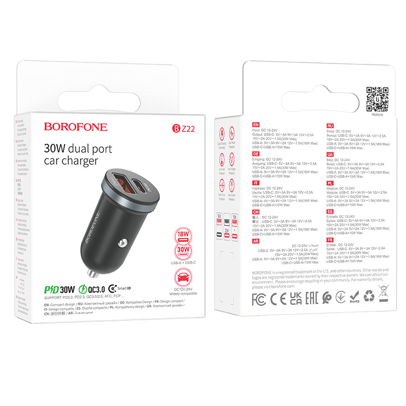 Carregador de Carro Borofone BZ22 30W USB A e USB C Preto