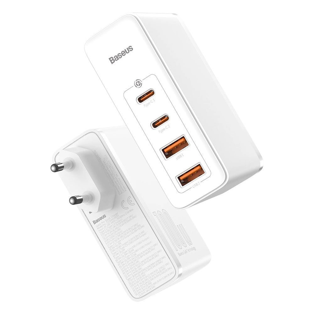 Carregador Baseus GaN2 Pro Quick  2x USB + 2x USB-C / 100W / EU / Branco / Cabo USB-C - USB-C Incluído