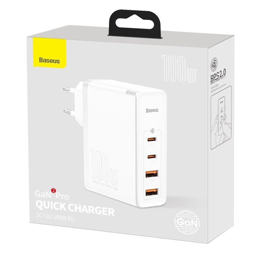 Carregador Baseus GaN2 Pro Quick  2x USB + 2x USB-C / 100W / EU / Branco / Cabo USB-C - USB-C Incluído