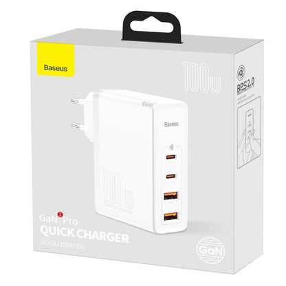 Carregador Baseus GaN2 Pro Quick  2x USB + 2x USB-C / 100W / EU / Branco / Cabo USB-C - USB-C Incluído