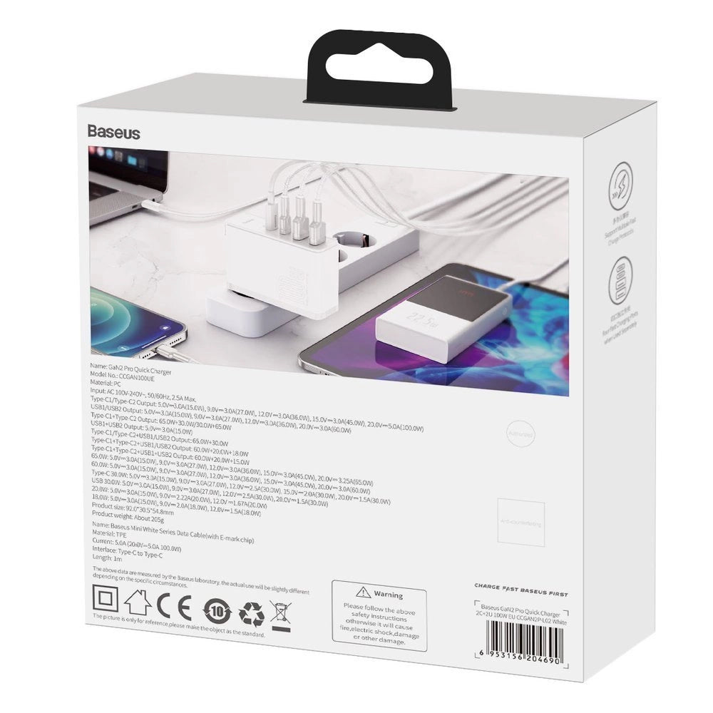 Carregador Baseus GaN2 Pro Quick  2x USB + 2x USB-C / 100W / EU / Branco / Cabo USB-C - USB-C Incluído