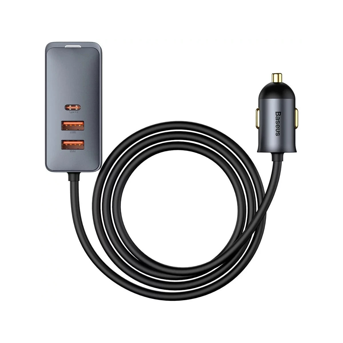 Carregador de Carro Baseus Share Together com Cabo Extensor, 2x USB, 2x USB-C, 120W - Cinza
