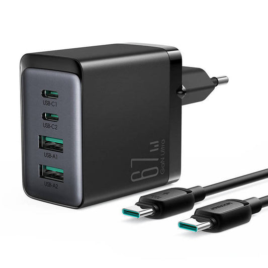 Carregador Joyroom GaN 67W 4 portas / 2x USB, 2x USB-C / preto / cabo USB-C para USB-C 100W incluído / 1.2m