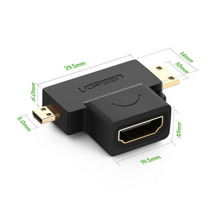 Adaptador Ugreen HDMI Fêmea para mini HDMI Macho e micro HDMI Macho / 20144 / preto