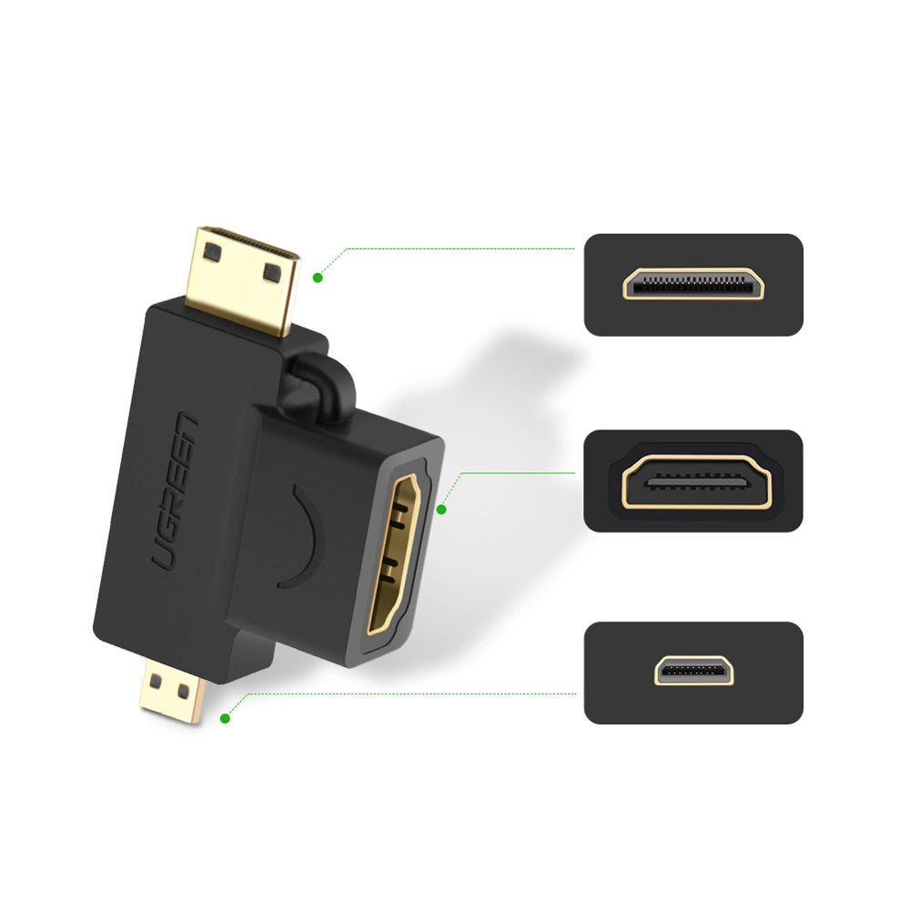 Adaptador Ugreen HDMI Fêmea para mini HDMI Macho e micro HDMI Macho / 20144 / preto