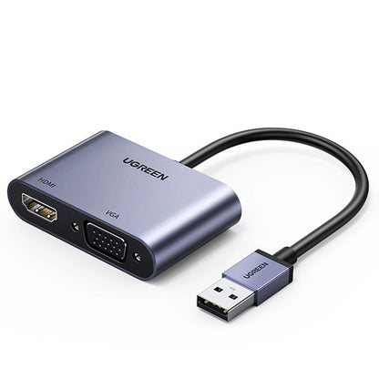 Conversor adaptador Ugreen CM449 / USB-A para HDMI 1.3 (1920x1080 60Hz) + VGA 1.2 (1920x1080 60Hz) / Cinzento