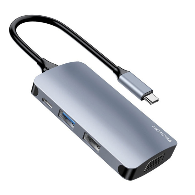 Hub USB-C Yesido HB16 7 em 1 VGA 1080p PD 100W USB 3.0 Cinzento