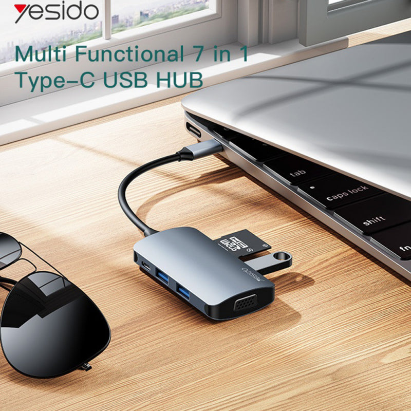Hub USB-C Yesido HB16 7 em 1 VGA 1080p PD 100W USB 3.0 Cinzento