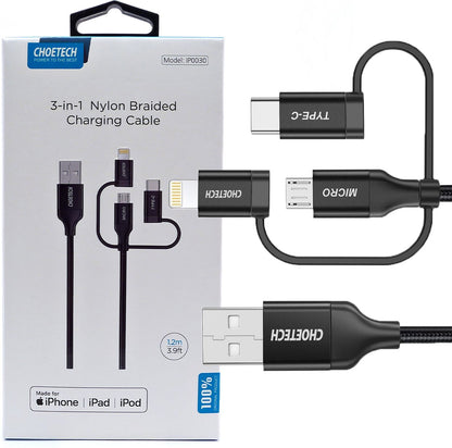Cabo USB para Lightning + Micro USB + USB-C / Choetech IP0030 MFi / 5V / 1,2m / Preto