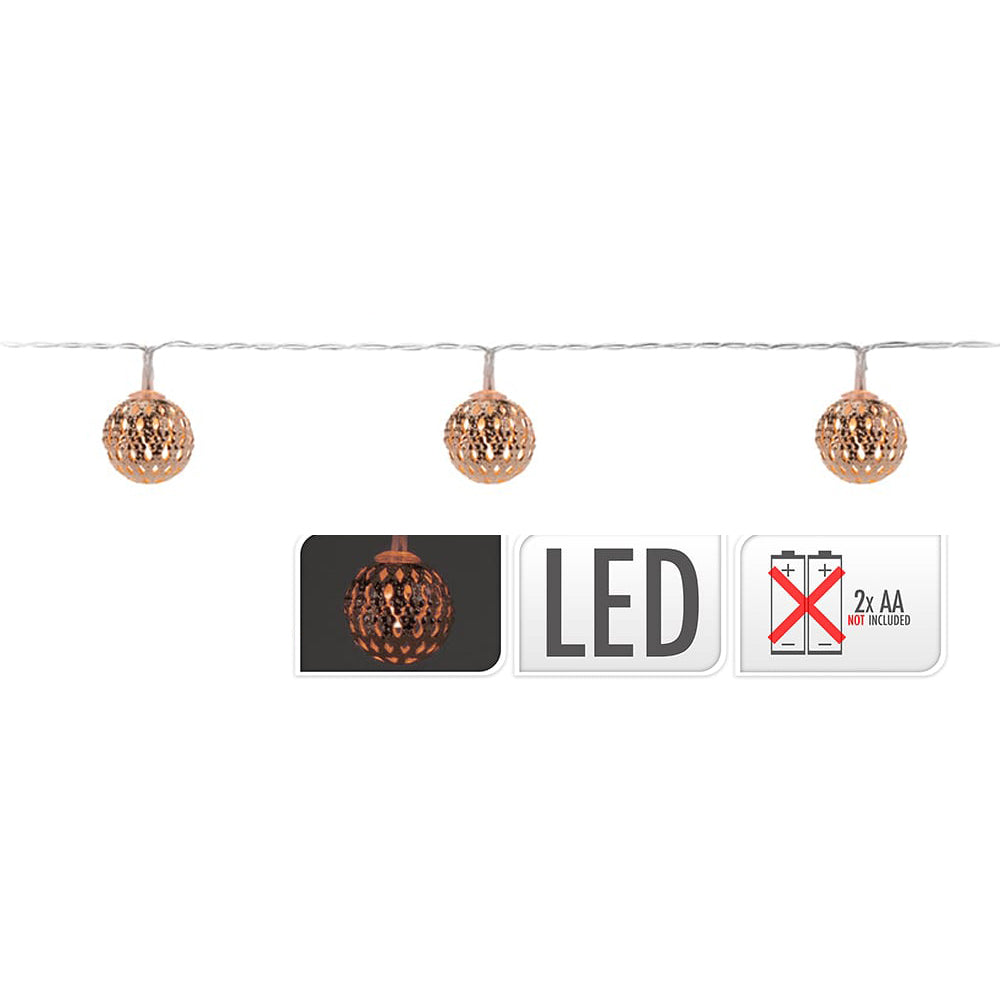 Grinalda a pilhas fixa 10 leds branco quente com bolas cor cobre ip20 1,3m_0