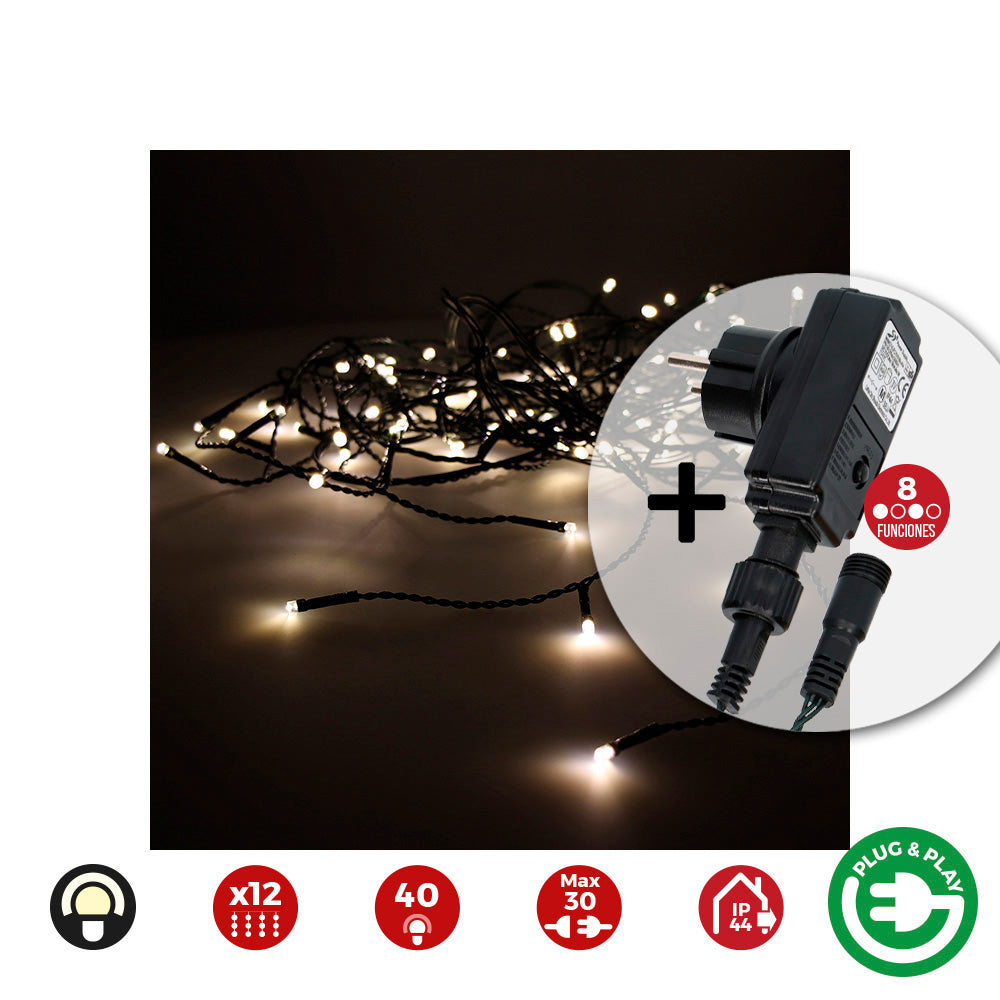 Cortina icicle com programador easy-connect multifunÃ§Ãµes 12 tiras 40 leds branco quente ip44 2x0,5m_0