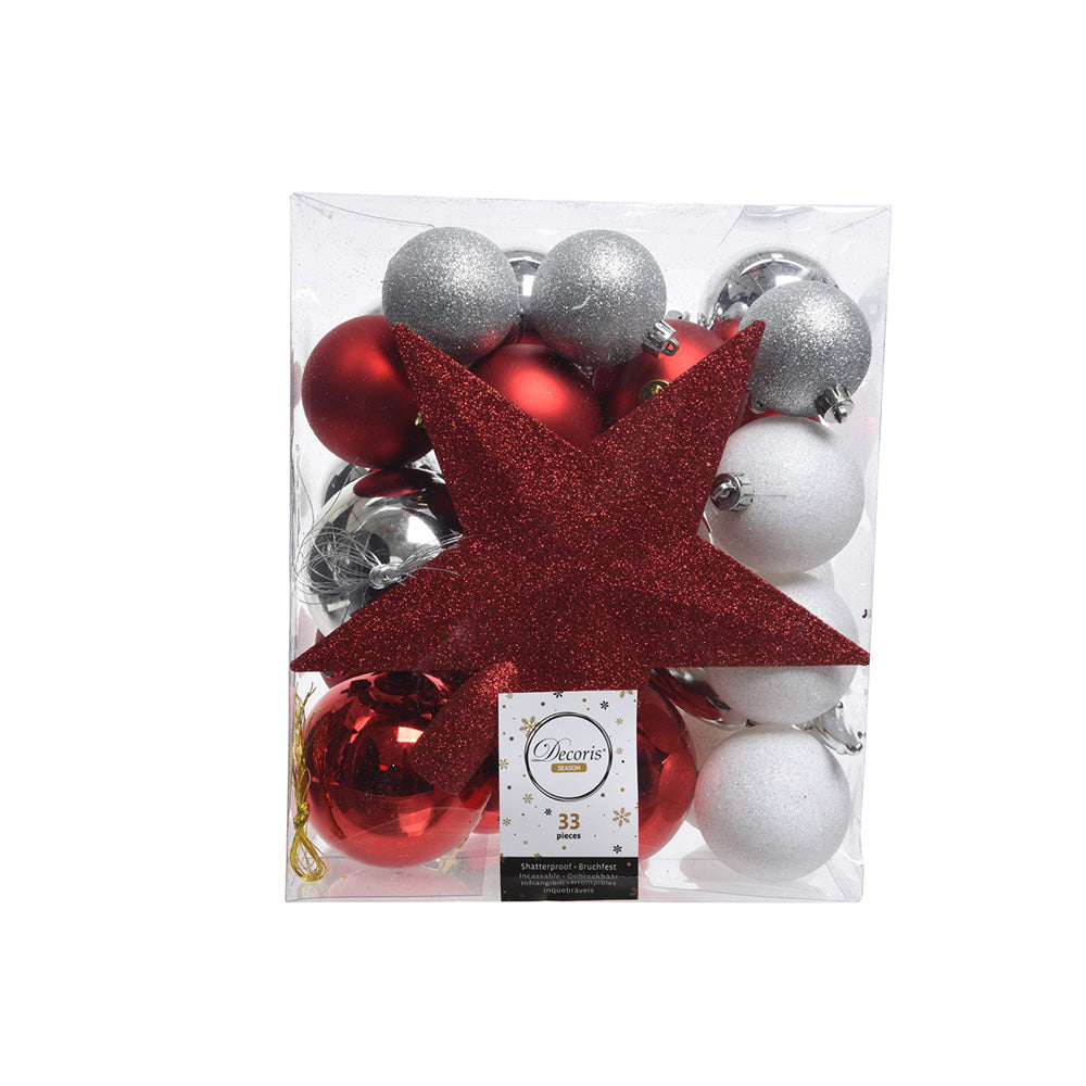 Pack com 33 enfeites para Ã¡rvore prateado, vermelho e branco mate_0