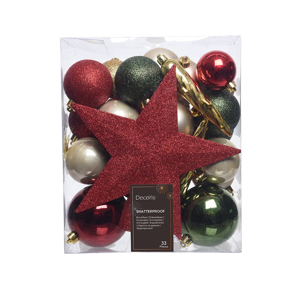 AcessÃ³rios para decoraÃ§Ã£o de Ã¡rvore de natal. cores: verde, dourado e vermelho, 33 peÃ§as_0