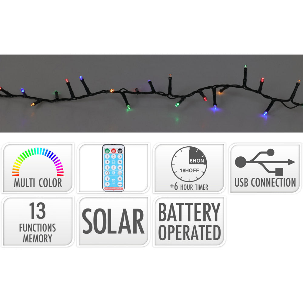 Grinalda led solar, 480 leds, 13 funÃ§Ãµes intermitente multicor, de exterior, cabo verde 20m_0