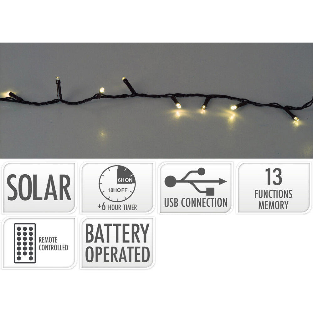 Grinalda led solar, 240 led, 13 funÃ§Ãµes intermitentes branco quente, para exterior, cabo verde 10m_0