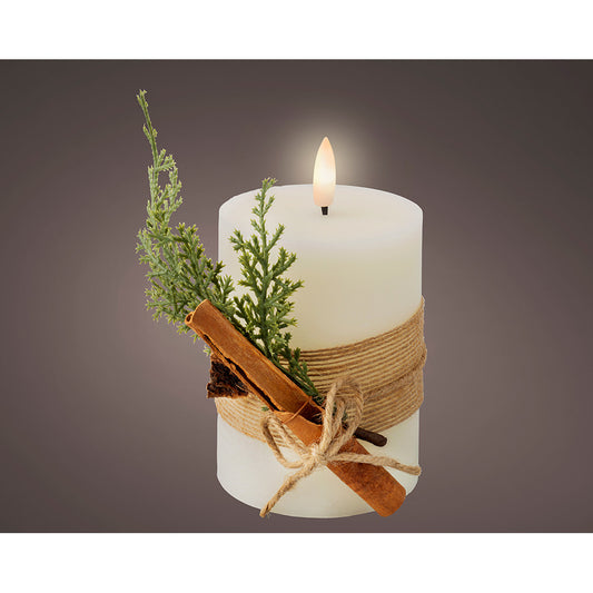 Vela de cera led com efeito de chama, branca, superfÃ­cie rÃºstica com buquÃª, Ã¸7,5 x 13 cm_0