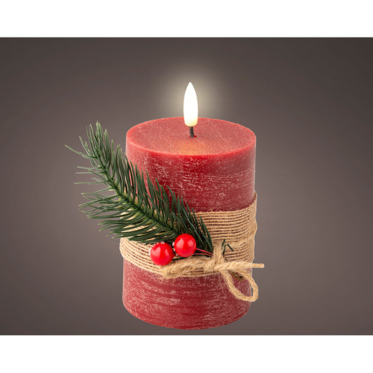 Vela de cera led com efeito de chama, cor vermelha, superfÃ­cie rÃºstica com buquÃª Ã¸7,5 x 13 cm_0