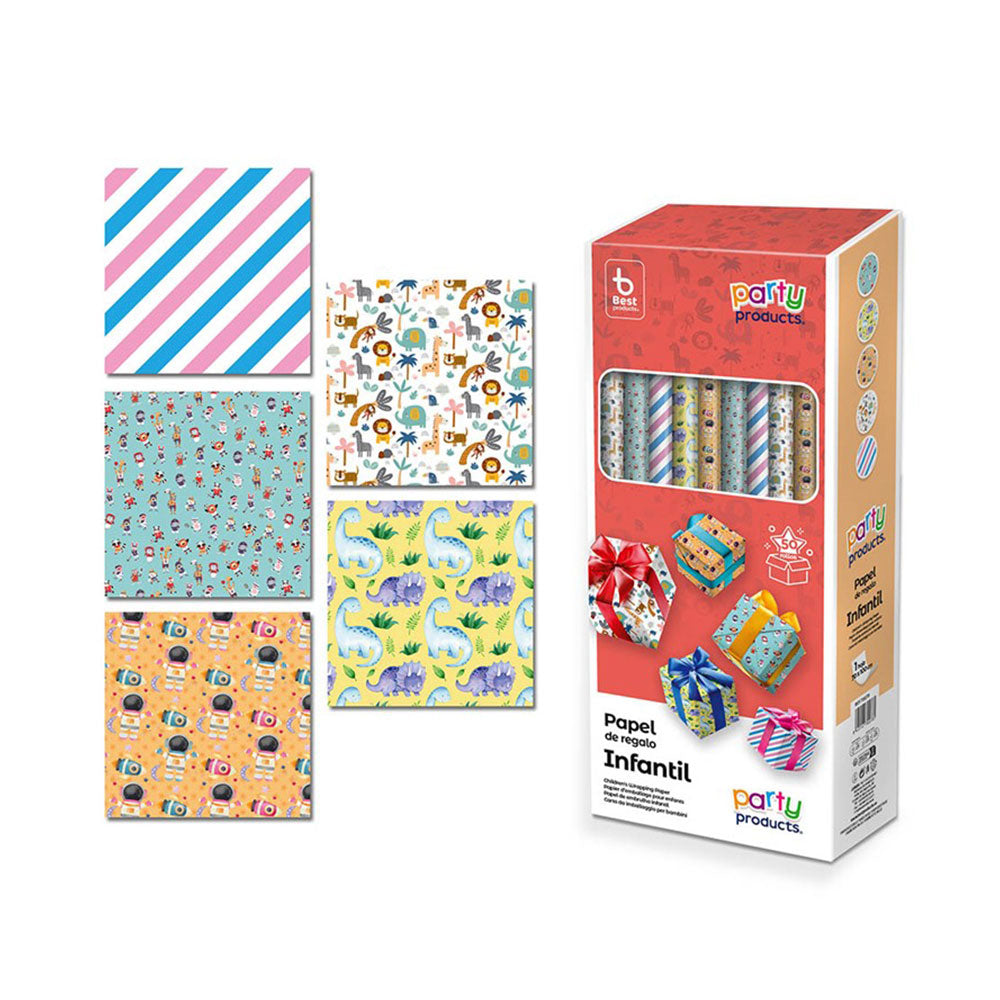 Papel de embrulho sortido, 5 modelos infantil, 70x100cm (vende-se sÃ³ em caixas 50 unidades)_0