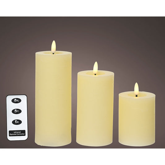 Vela de cera led, cor bege, acabamento rÃºstico, Ã¸7cm com diferentes alturas, 3 unidades_0
